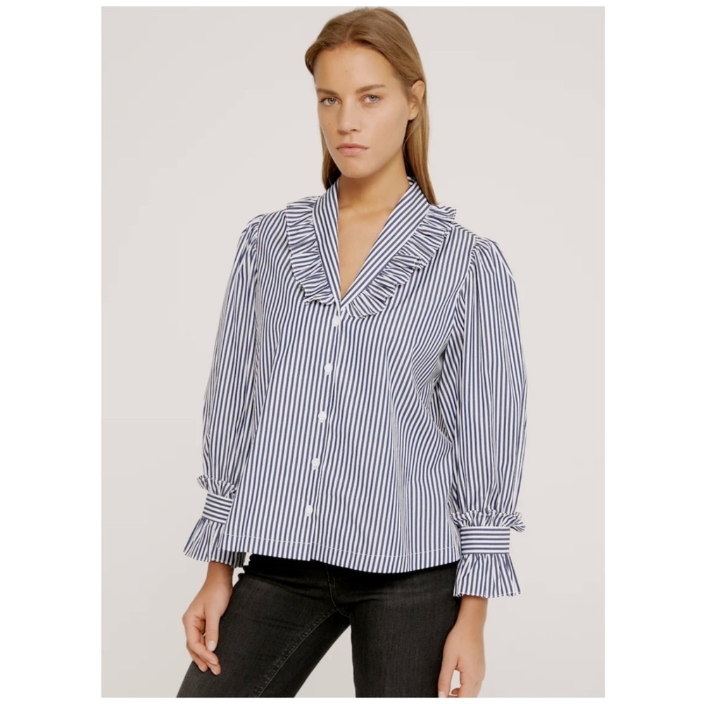 Harshman | Fuella Ruffle Trim Button Down Shirt Navy White Stripe | 3X